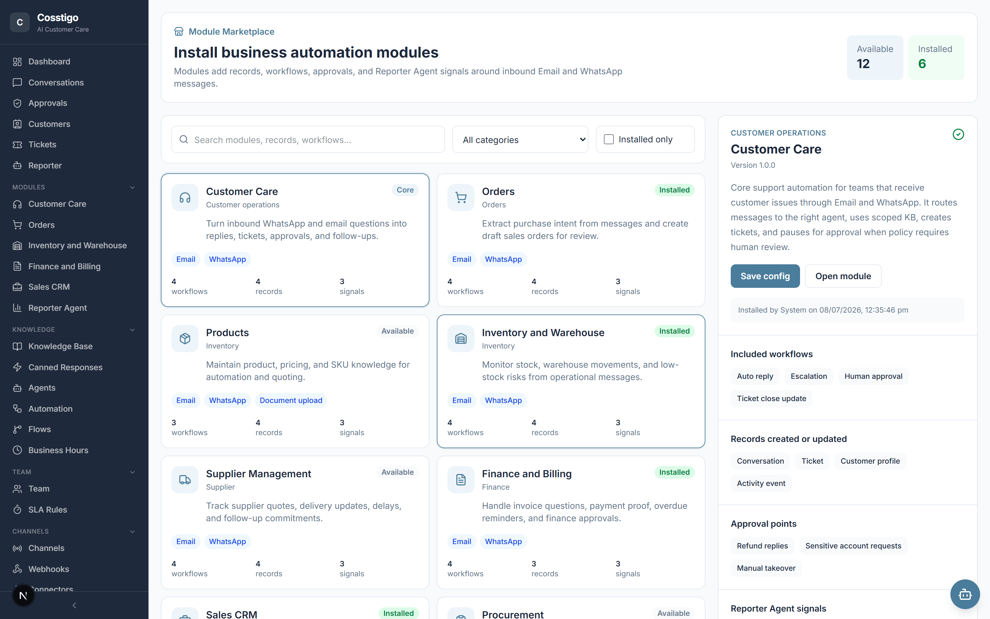 Paperhuman module marketplace showing installable business modules