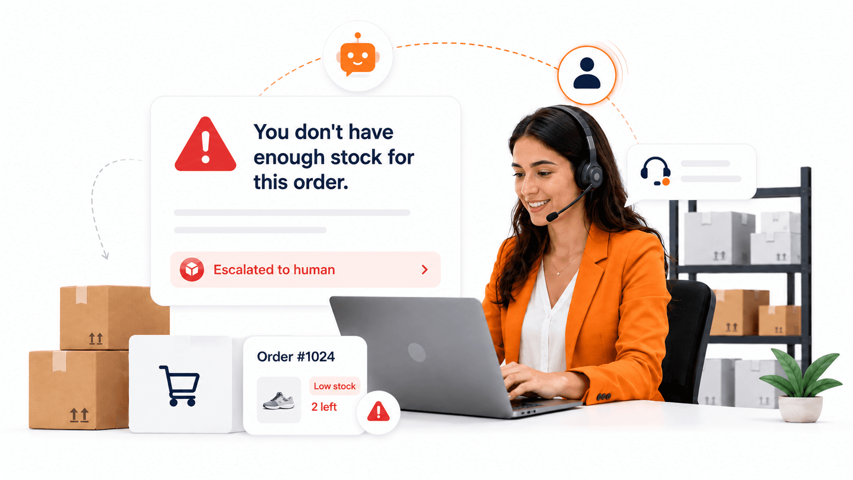 An agent escalating a low-stock order to a human after Paperhuman catches it